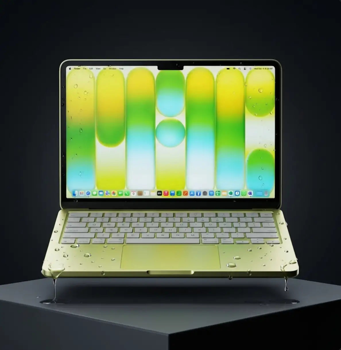 Refurbished Apple laptop in yellow with water droplets on a black pedestal, showcasing vibrant screen colors.