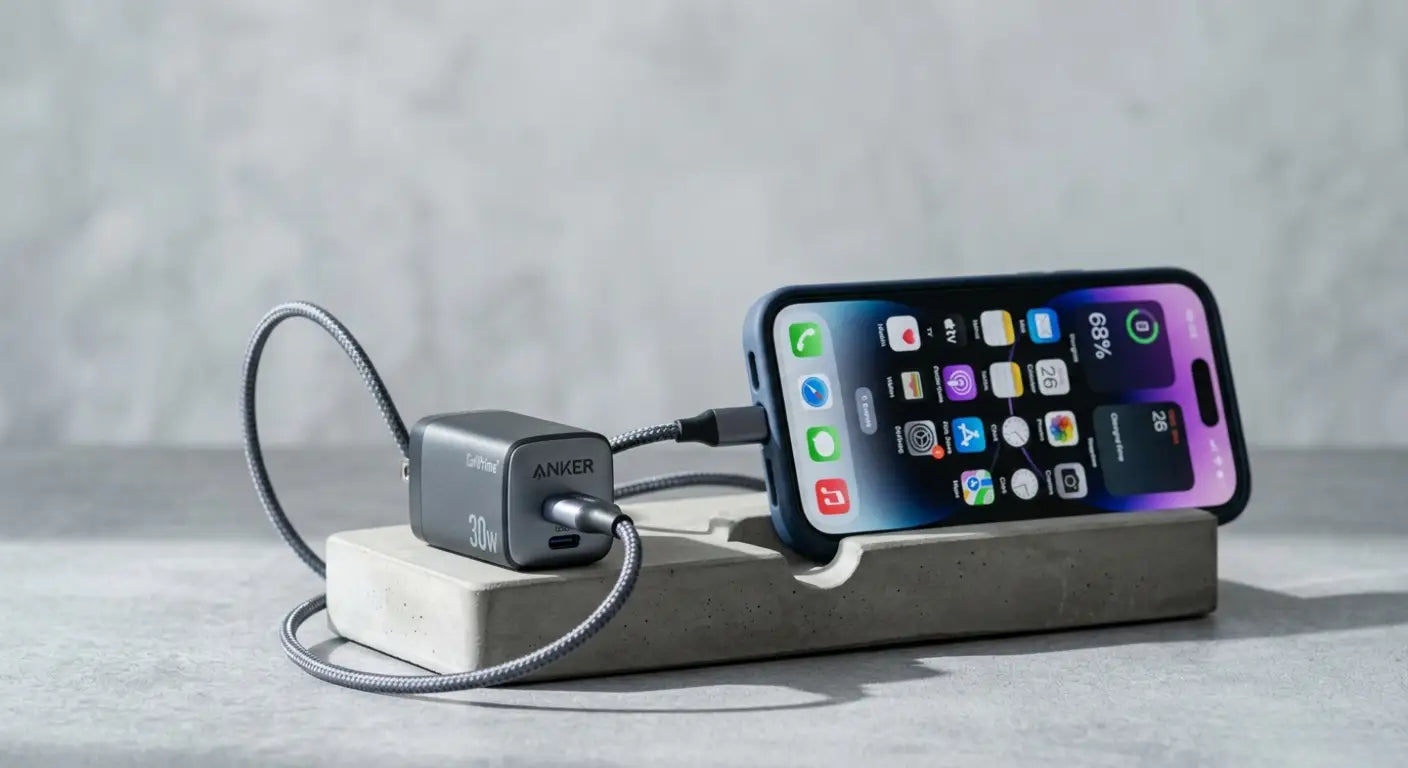 Apple iPhone charging on a concrete dock with an Anker charger and cable.