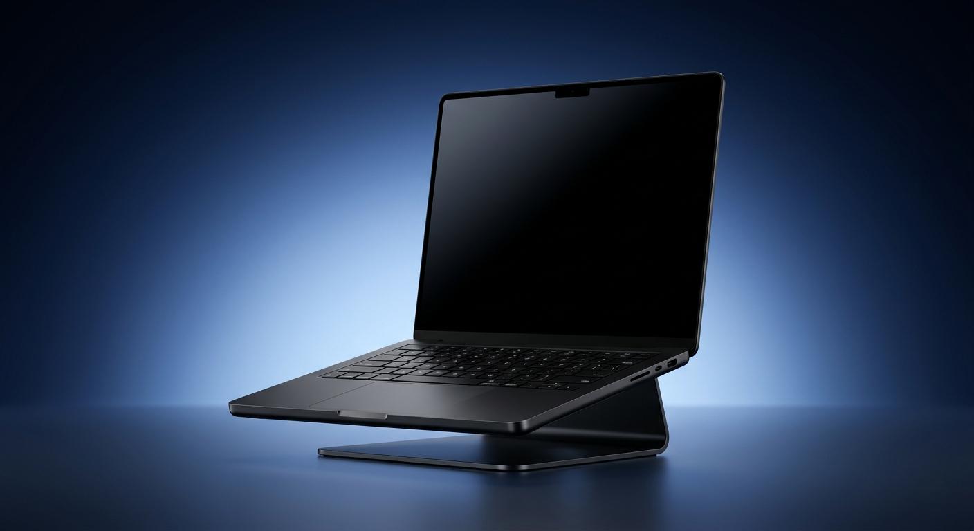 Refurbished Apple laptop on a stand against a blue background, showcasing a sleek design.