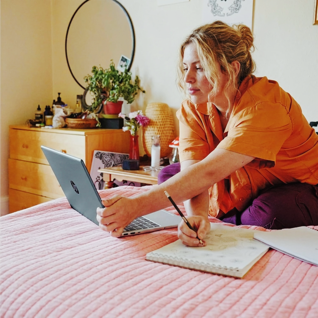 Woman using a laptop on a pink bedspread, sketching in a notebook with a pencil.