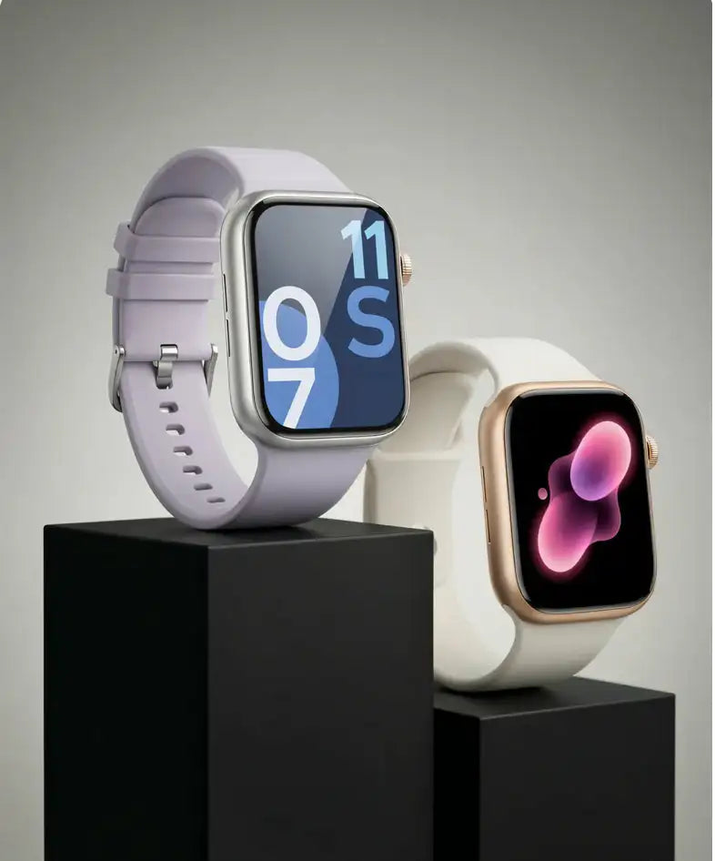 Two Apple smartwatches on pedestals, one with a lavender band and the other with a white band, displaying different watch faces.