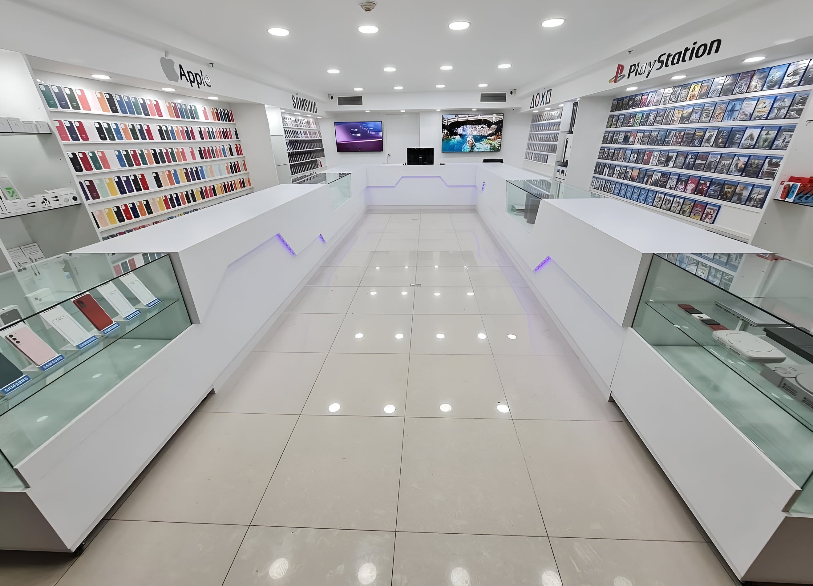 A retail store showcasing refurbished Apple devices and Beats products on display shelves.