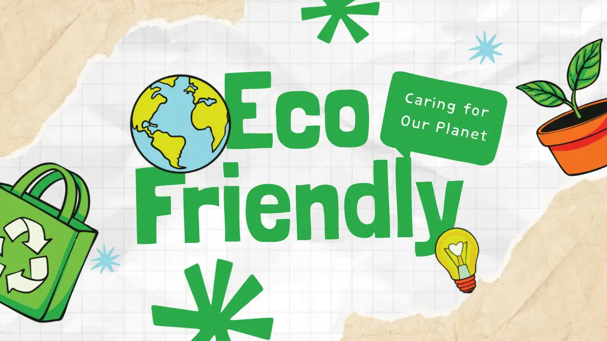 Eco-friendly design featuring a globe, plant, light bulb, and recycling bag on a textured background.