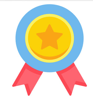 Blue and red award ribbon with a gold star in the center, symbolizing achievement or recognition.