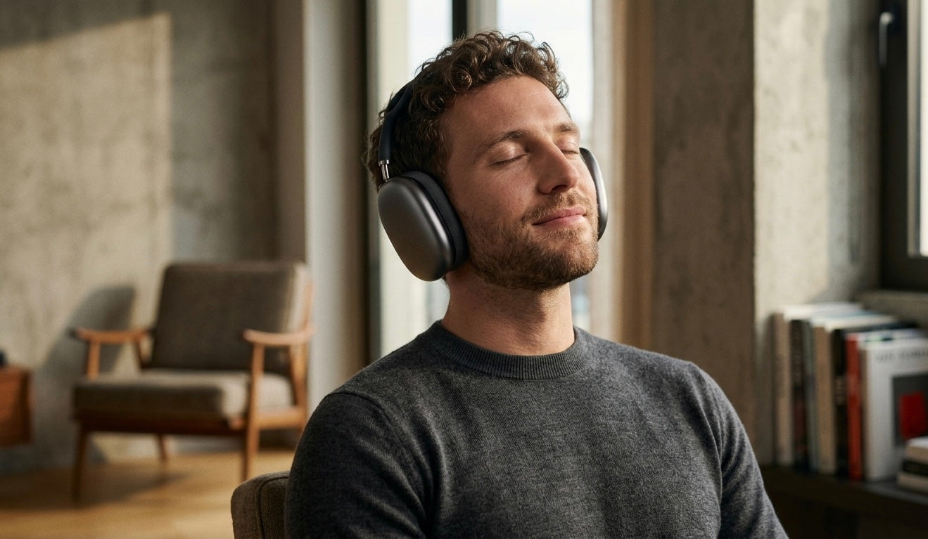Man wearing Beats headphones, enjoying music in a modern interior with natural light.