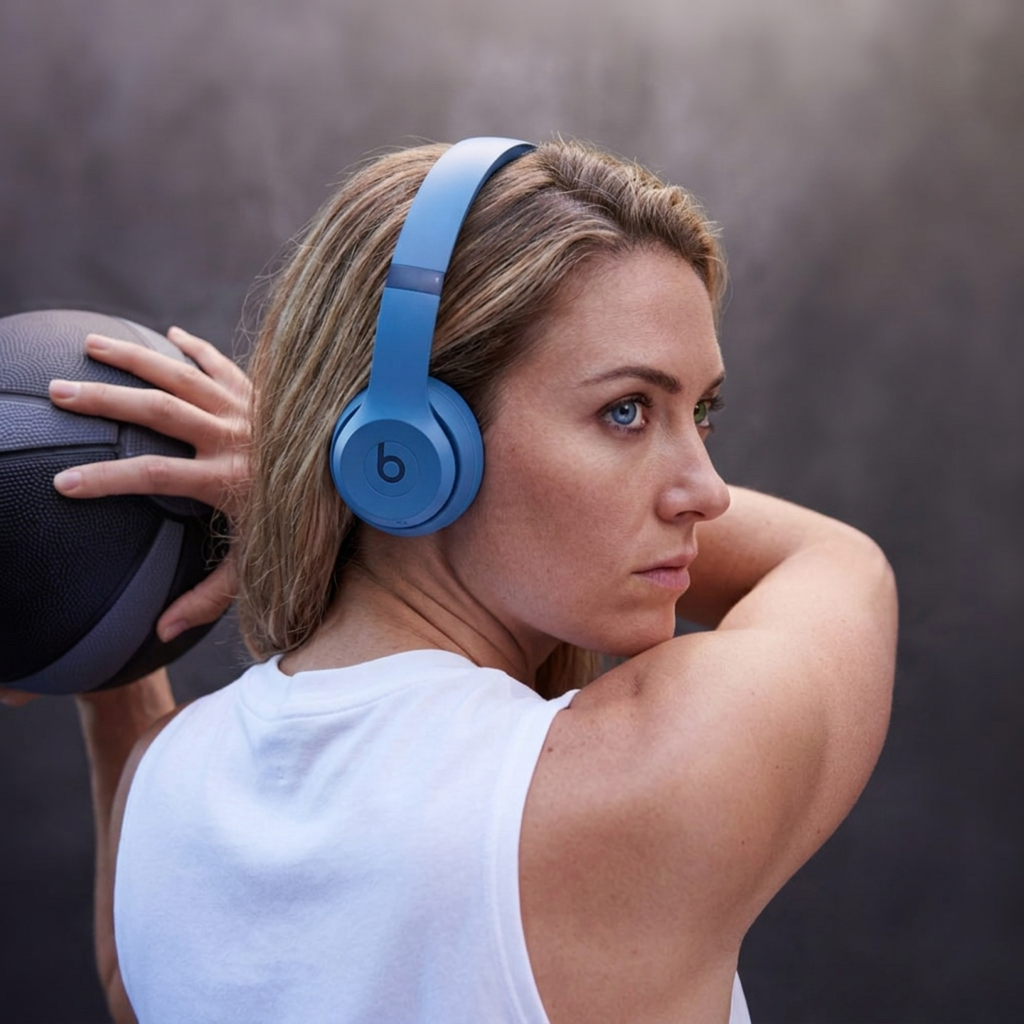 Woman wearing blue Beats headphones while holding a basketball, showcasing refurbished Apple devices.