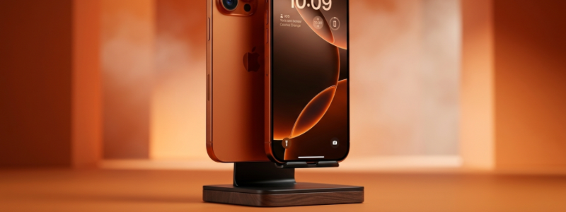 Refurbished Apple iPhone in orange color on a charging stand, displaying the time on its screen.