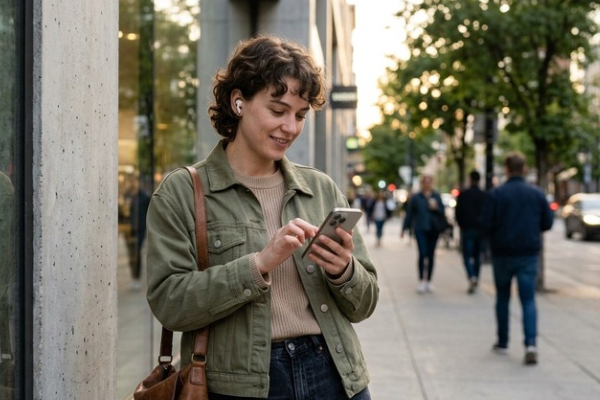 Person using a smartphone with Apple AirPods in a city street, surrounded by pedestrians.