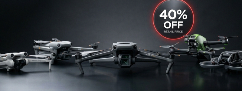 Multiple drones displayed on a dark surface with a red circle showing 40% off retail price.
