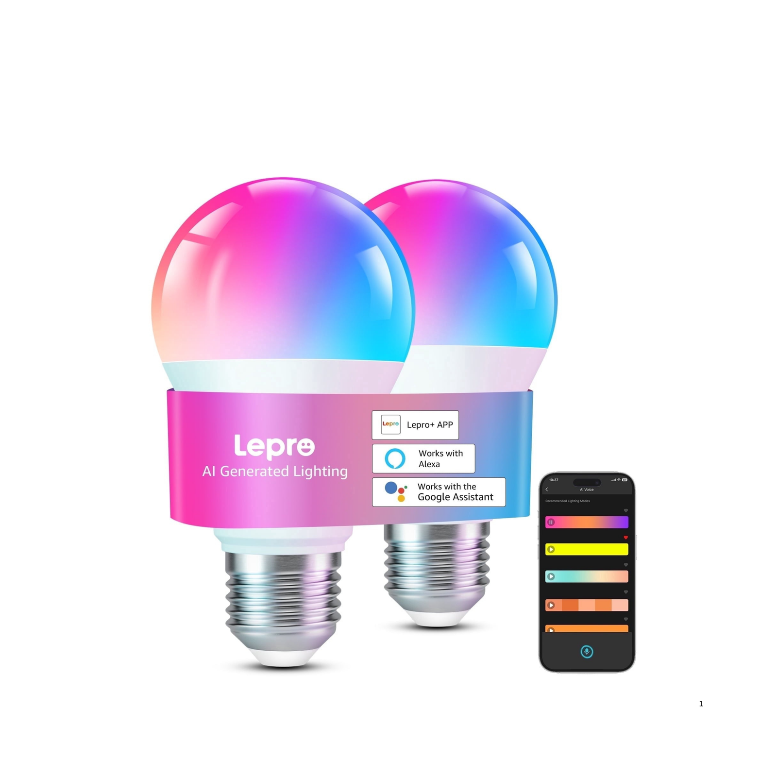 Lepro B1 AI Smart LED Bulb, Wi-Fi and Bluetooth Rgbww Color Changing, Works with Alexa and Google, 2 Pack