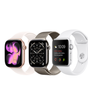Three Apple Watches: rose gold with pink band, silver with metal band, and silver with white band.
