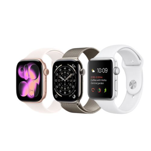 Three Apple Watches: rose gold with pink band, silver with metal band, and silver with white band.