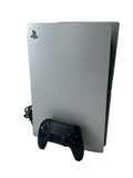 Upright white PlayStation 5 console with a black DualSense controller.