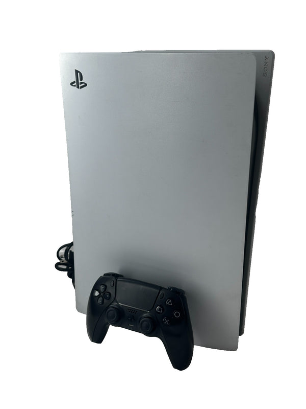 Upright white PlayStation 5 console with a black DualSense controller.