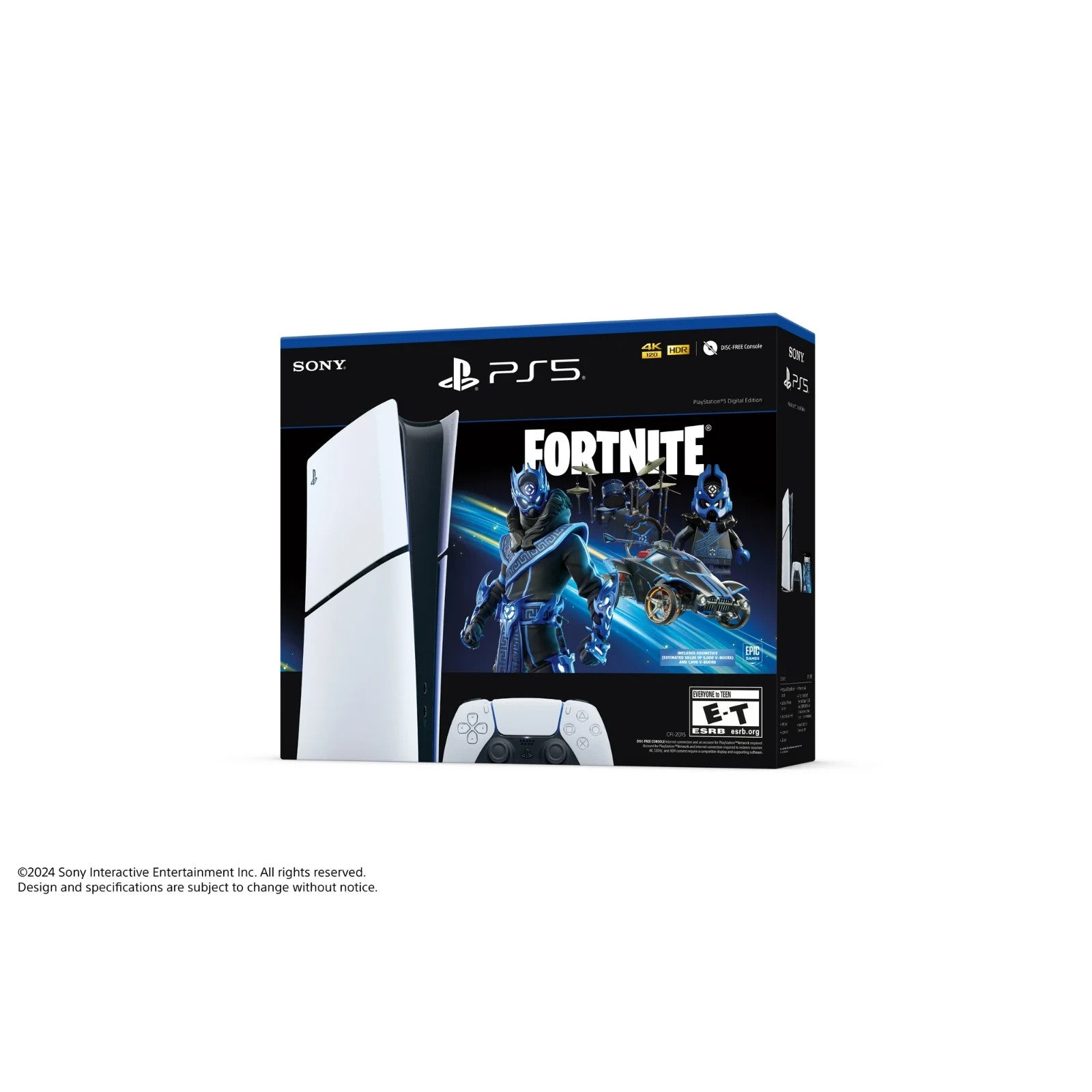 White PlayStation 5 Digital Edition Fortnite bundle box, featuring console and controller.