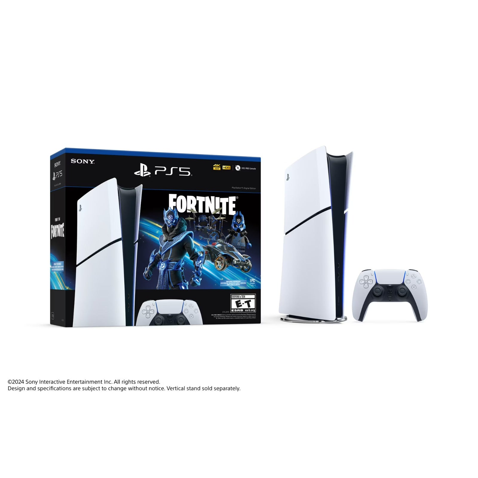 White PlayStation 5 Slim disc console, controller, and Fortnite game bundle box.