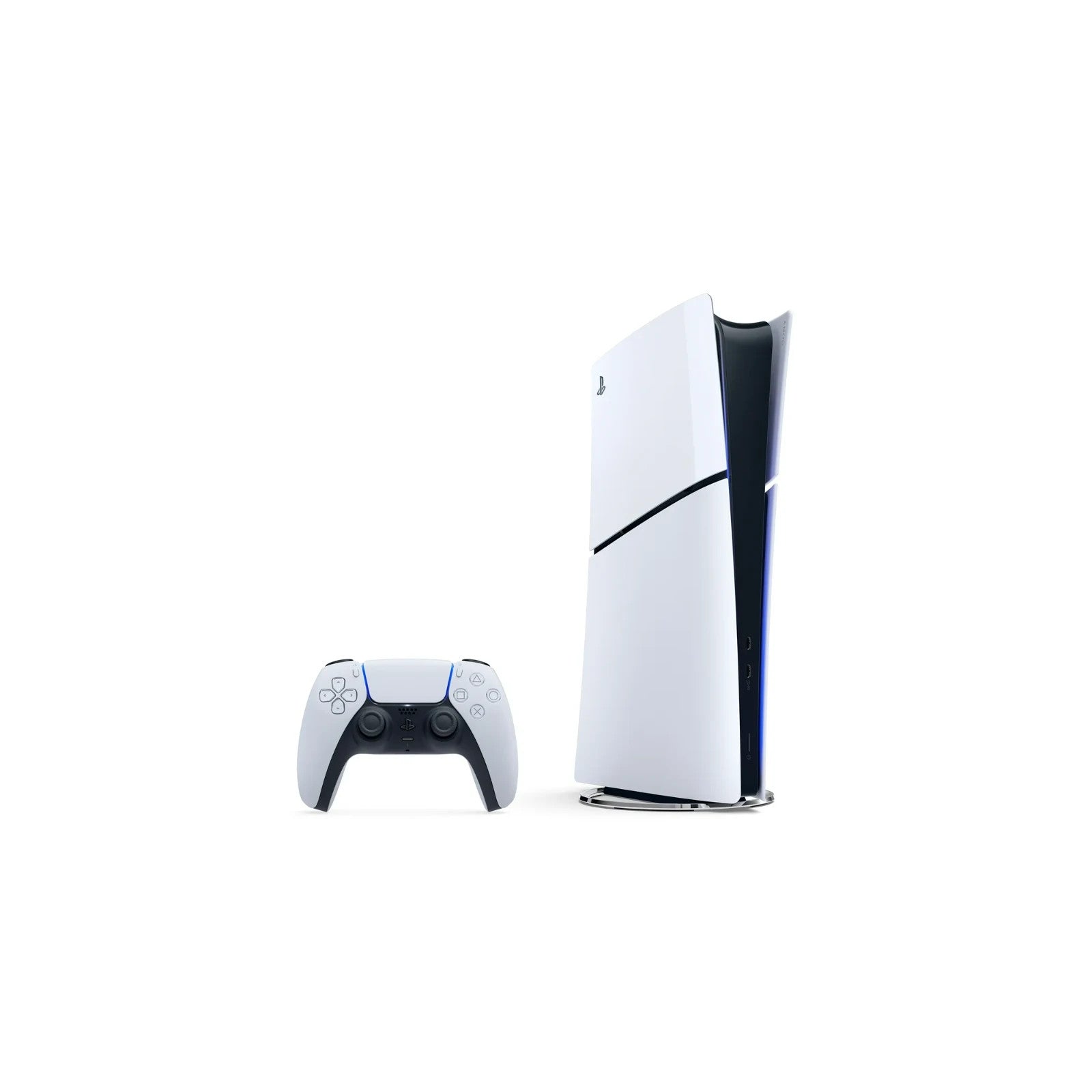 A white PlayStation 5 console stands upright next to a matching white controller.