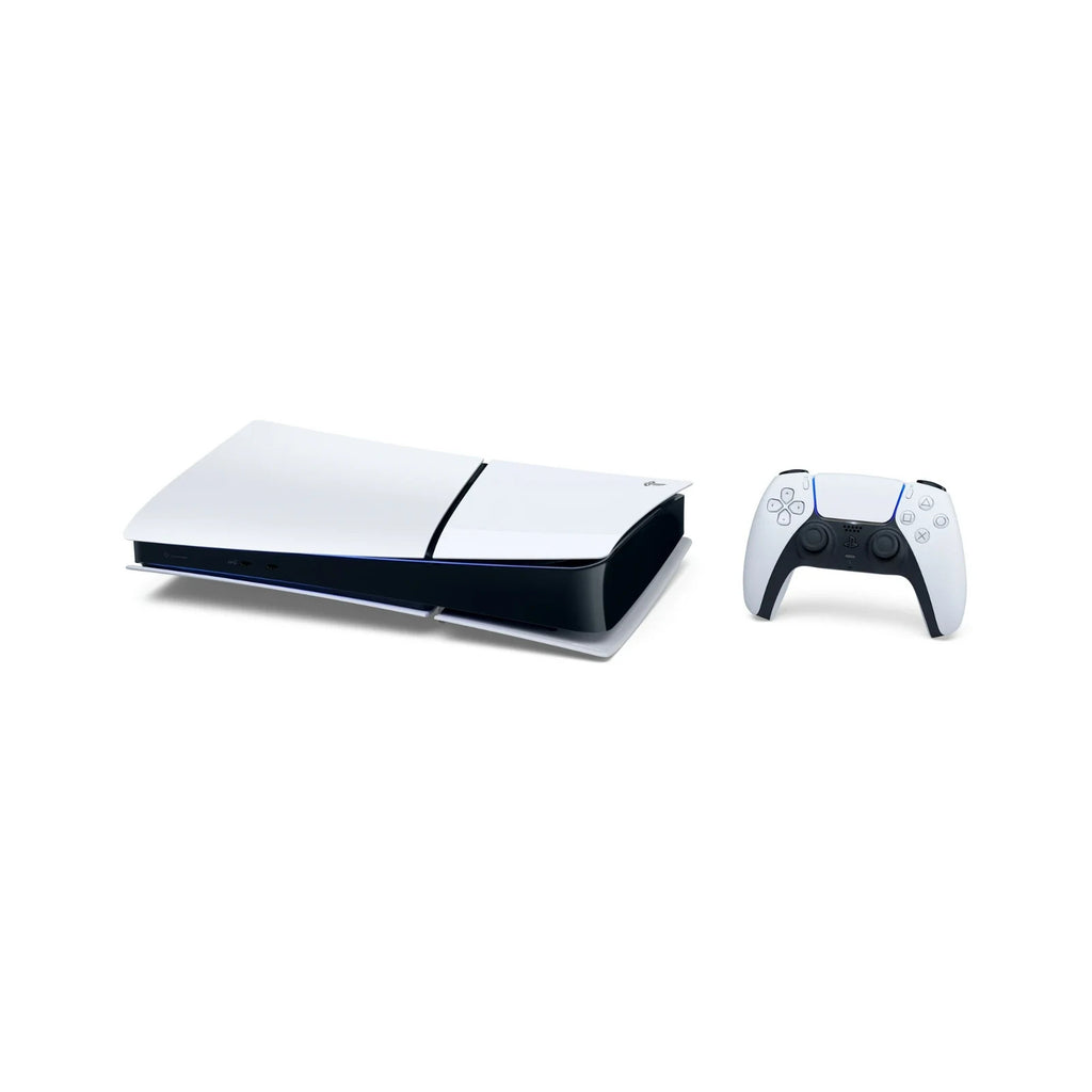 White PlayStation 5 disc console horizontally placed with a matching DualSense controller.