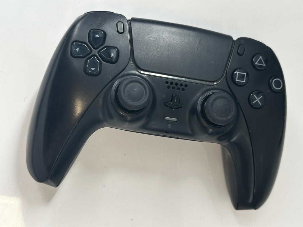 Black PlayStation 5 DualSense controller with matte finish, viewed from above.