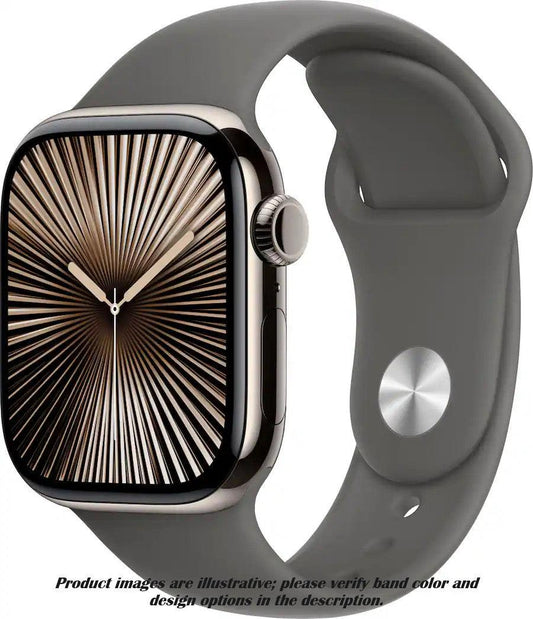 Gold-toned Apple Watch with a radiating face and a dark grey silicone band.