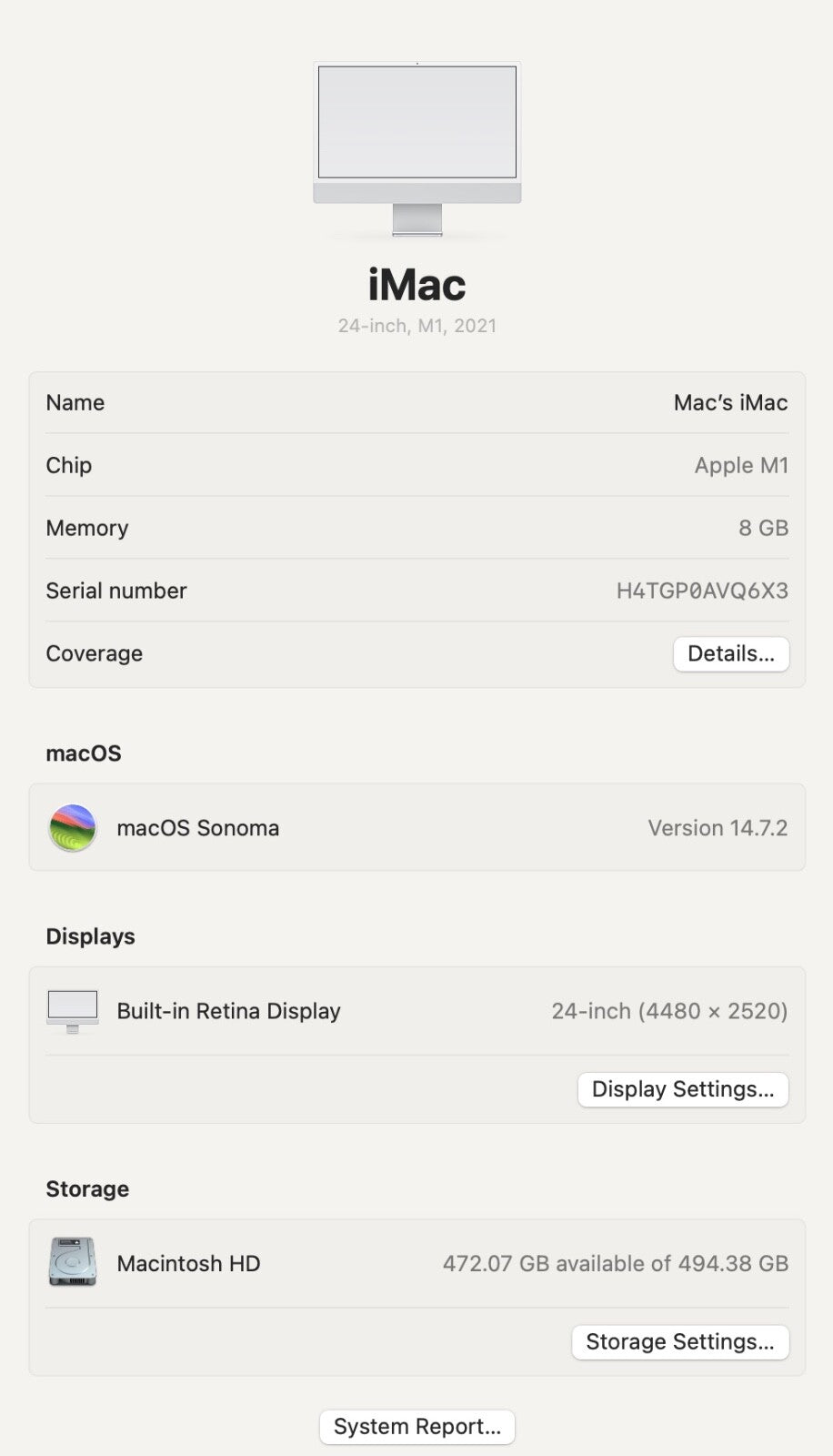 Apple 2021 iMac 24" M1 3.2GHz (8-Core GPU) 8GB RAM 512GB SSD - Excellent