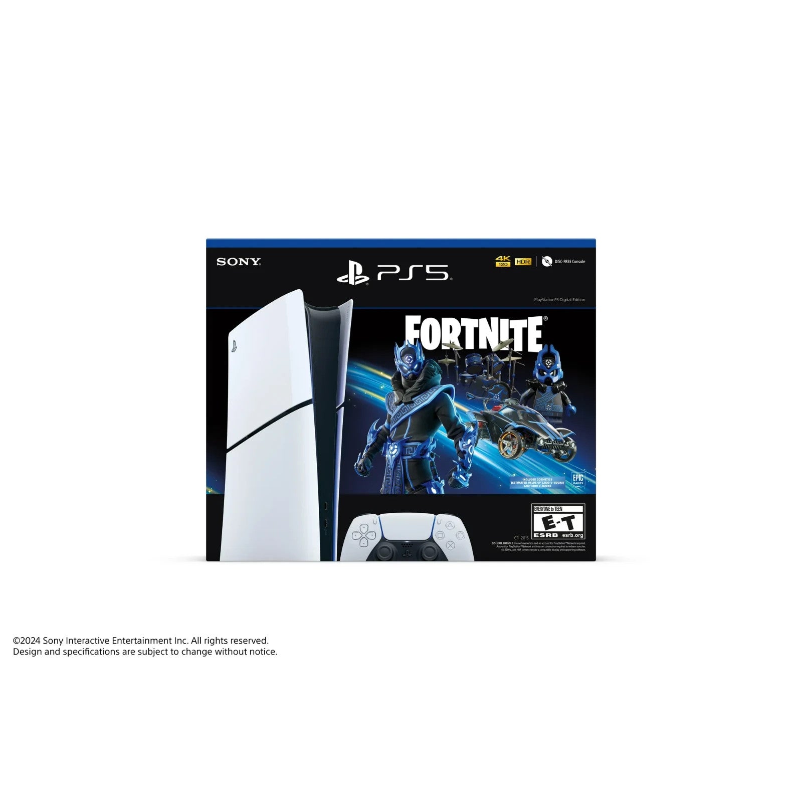 White PlayStation 5 Digital Edition console and controller with Fortnite game box.