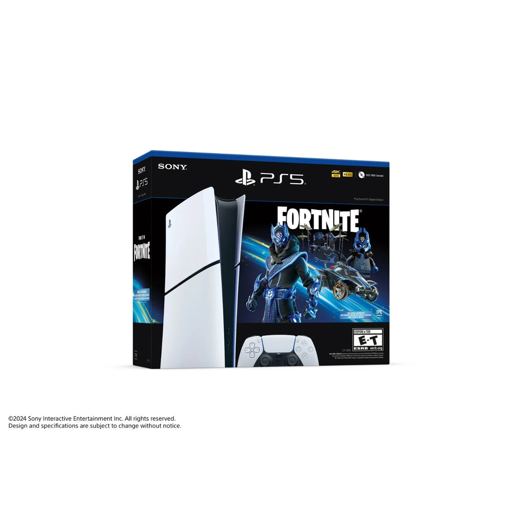 White PlayStation 5 Digital Edition console and controller in a black Fortnite bundle box.