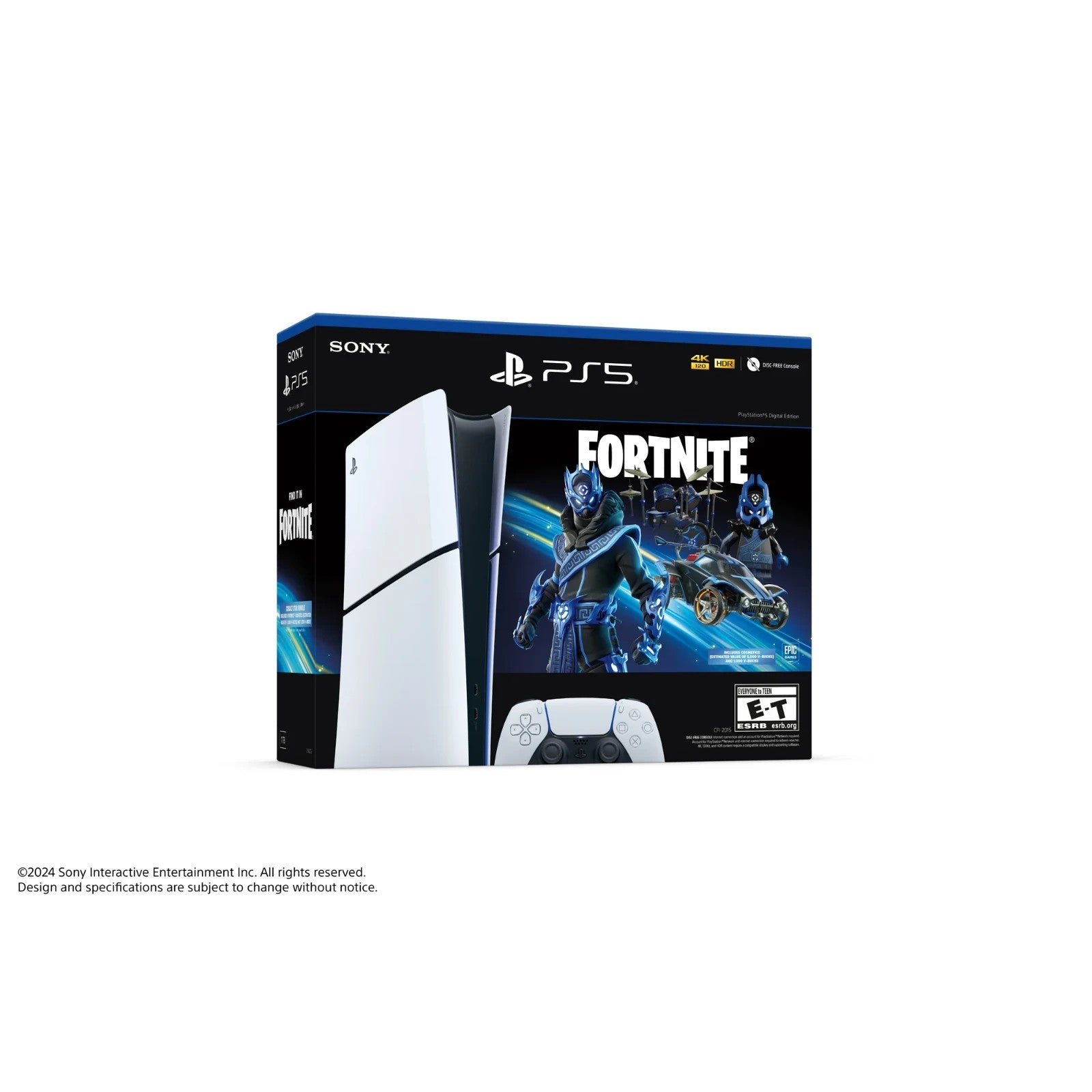 White PlayStation 5 Digital Edition console and controller in a black Fortnite bundle box.